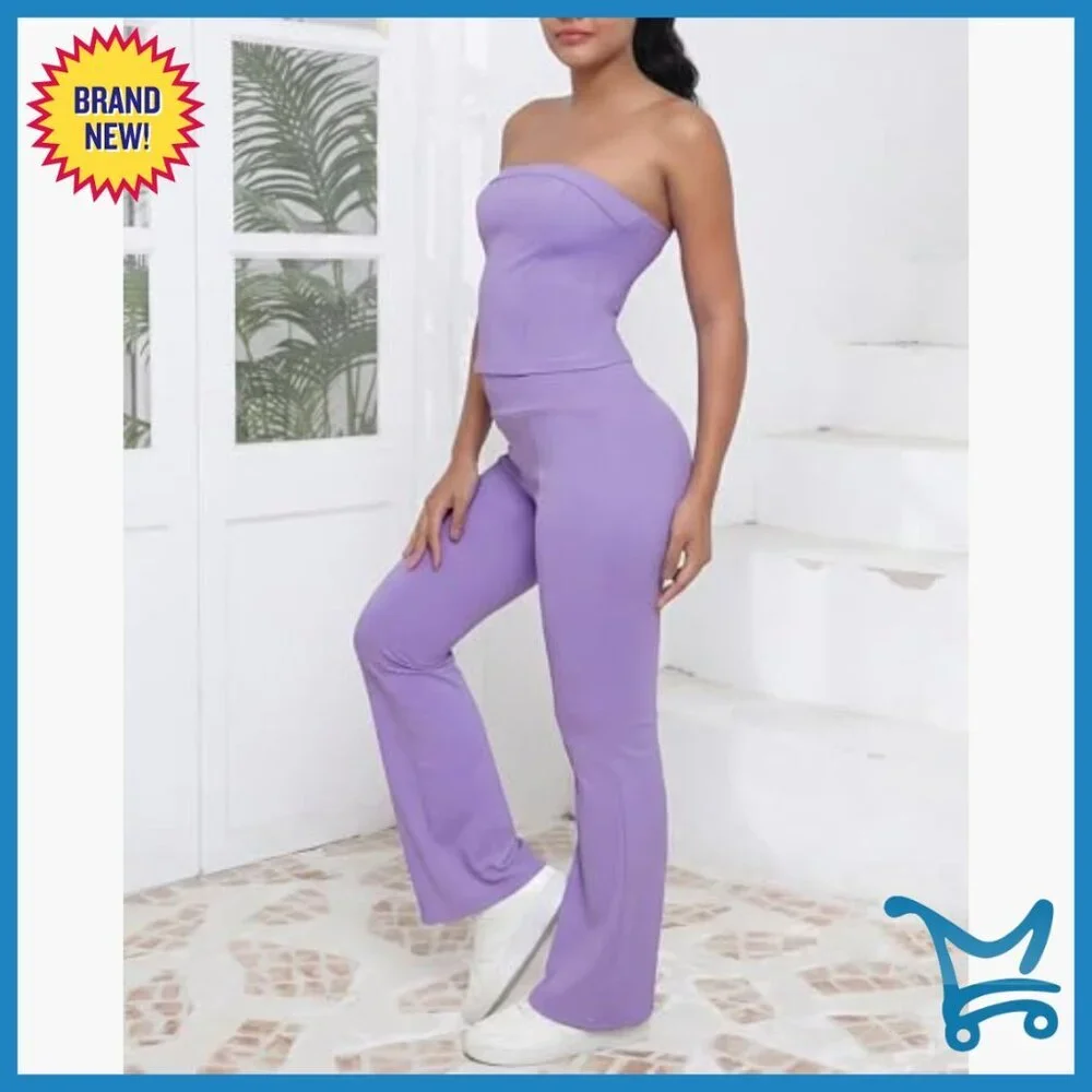 Strapless Tube Crop Top Flared Pants Set 2 Piece Outfit Women's Tracksuit
